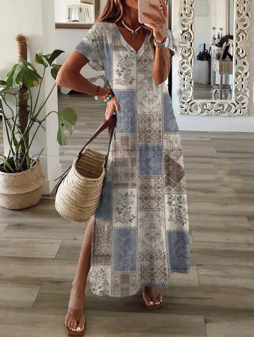 

Women's Flower Dot Leaves Print Dress Casual Loose Split Fashion Trend Color Midi Dress