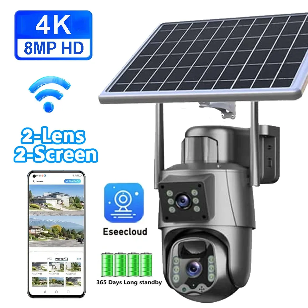 4K 8MP WiFi Solar Camera Outdoor Wireless CCTV Surveillance Camera with Solar Panel Dual Lens IP PTZ Cam Security Protection 1
