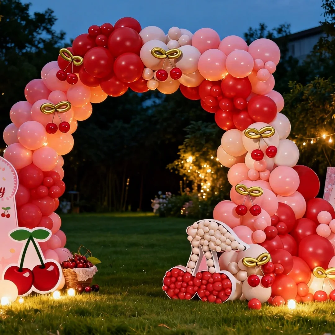 142 rote Kirschthemen-Luftballons mit Bogen-Design, inklusive stilvoller, dicker Latexballons in Rot, Pink und Weiß, ein Set – Detail 6