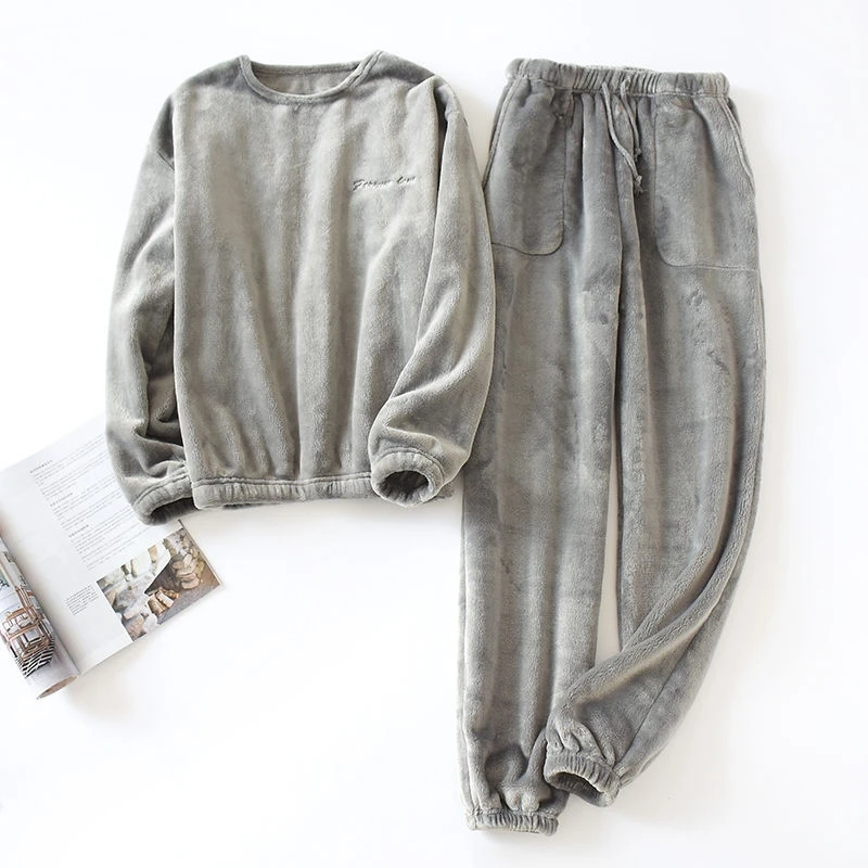 Ensemble pyjama 2 pièces pour hommes, Style Simple, décontracté, chaud, flanelle, vêtements de détente, couleur unie, manches longues, col rond, haut, pantalon ample, costume d'hiver pour la maison