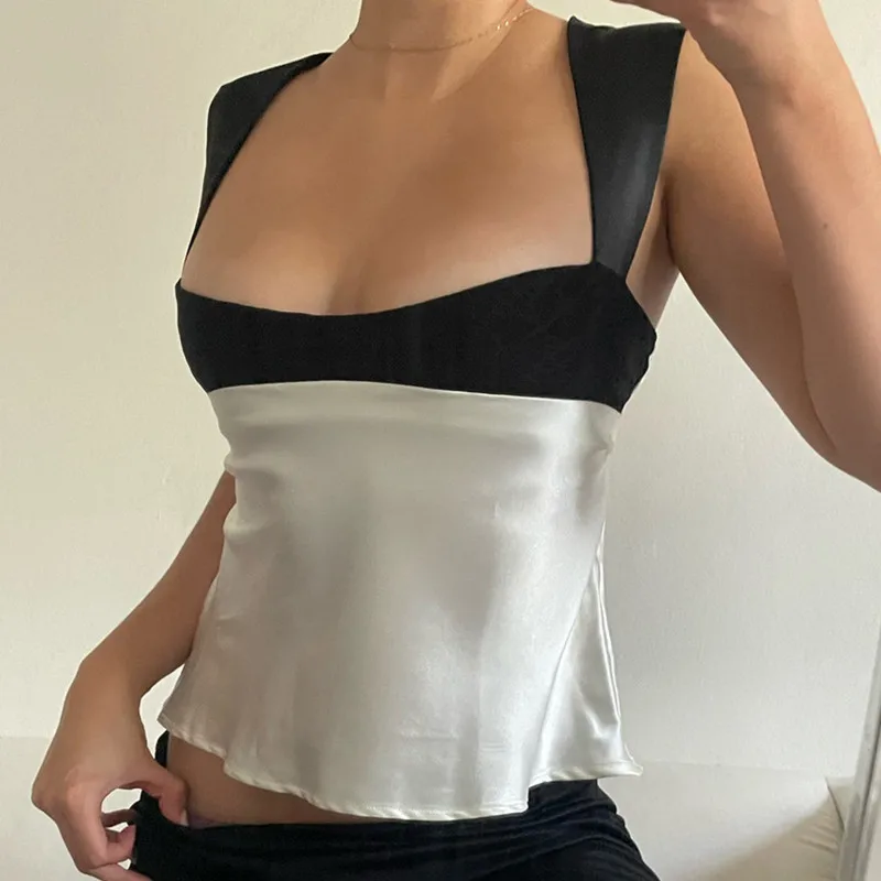 

Women Sexy Low Cut Tanks Tops Summer Color Matching Exposed Navel Cropped Tops Casual Tanks Camis Summer Clothing Y2K Streetwear