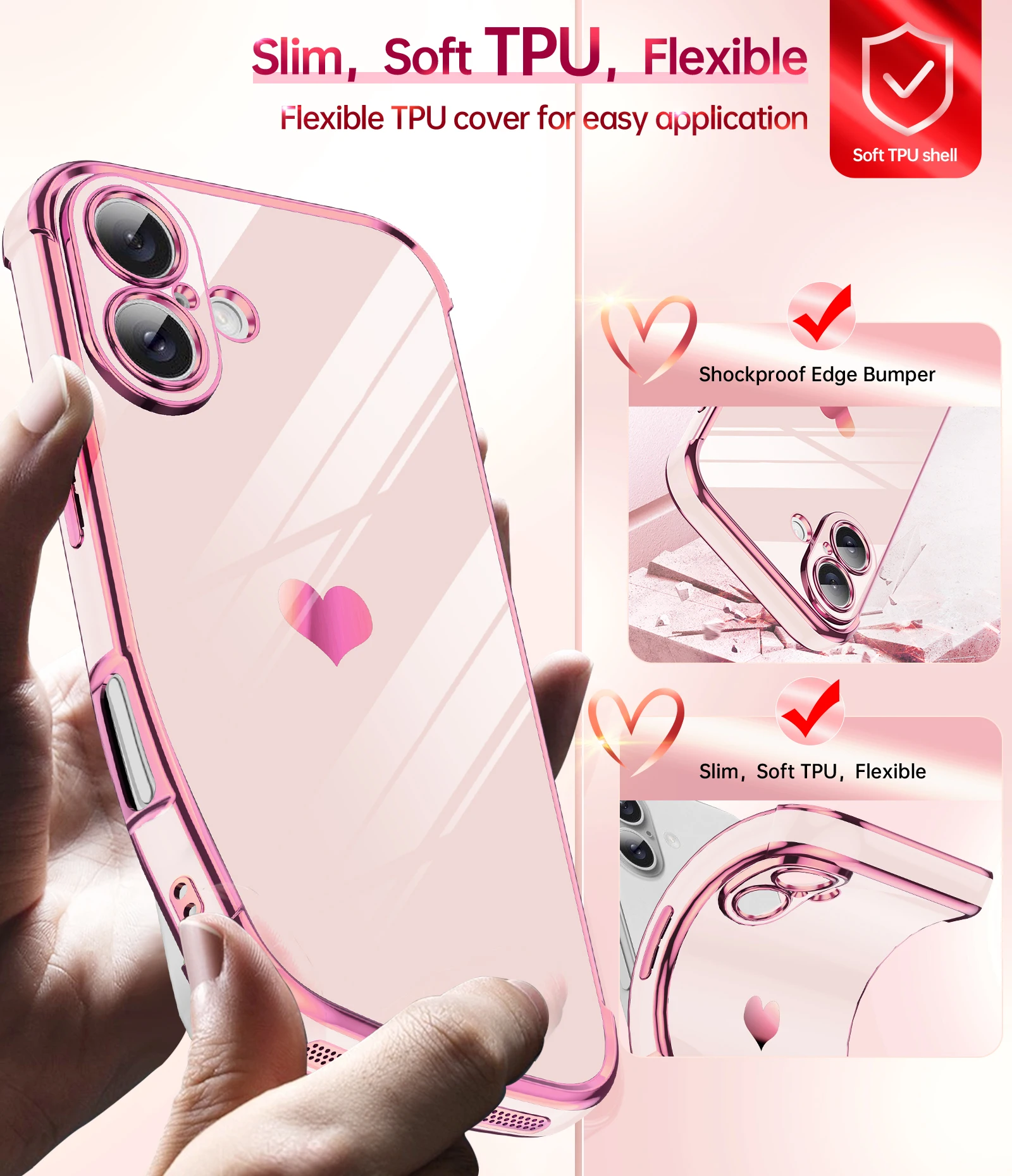 Phone Case for iPhone 16/16 Plus/16 Pro/16 Pro Max &ndash; Shockproof Soft TPU Heart Pattern with 2 Tempered Glass Screen Protectors,