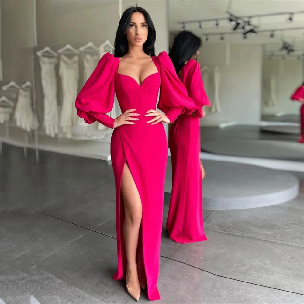 

Fuchsia Long Puffy Sleeves Evening Dresses Slit Side Soft Elastic Satin Prom Gown Special Occasion Party Dress vestidos de noche