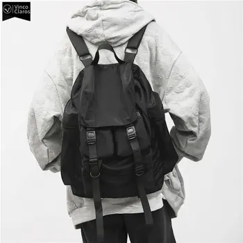 Solid Black Men's Backpacks Cool Streetwear Style Man Backpack Harajuku Large Capacity School Bags Waterproof Nylon Bags for Men