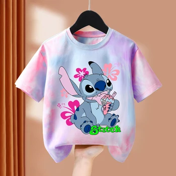 Disney Lilo e Stitch T-shirt per bambini Top Baby Kawaii Manica corta Abbigliamento casual Ragazza Bambini Tie Dye Top Abbigliamento Camicie Regalo 1