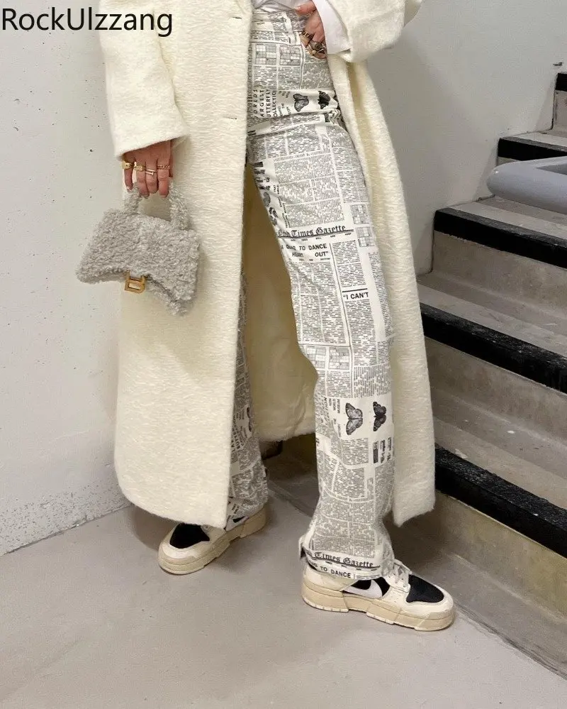 

Newspaper Graffiti Letter Print Long Pant Summer Women Fashion High Street Loose Straight Trouser y2k harajuku gothic vintage