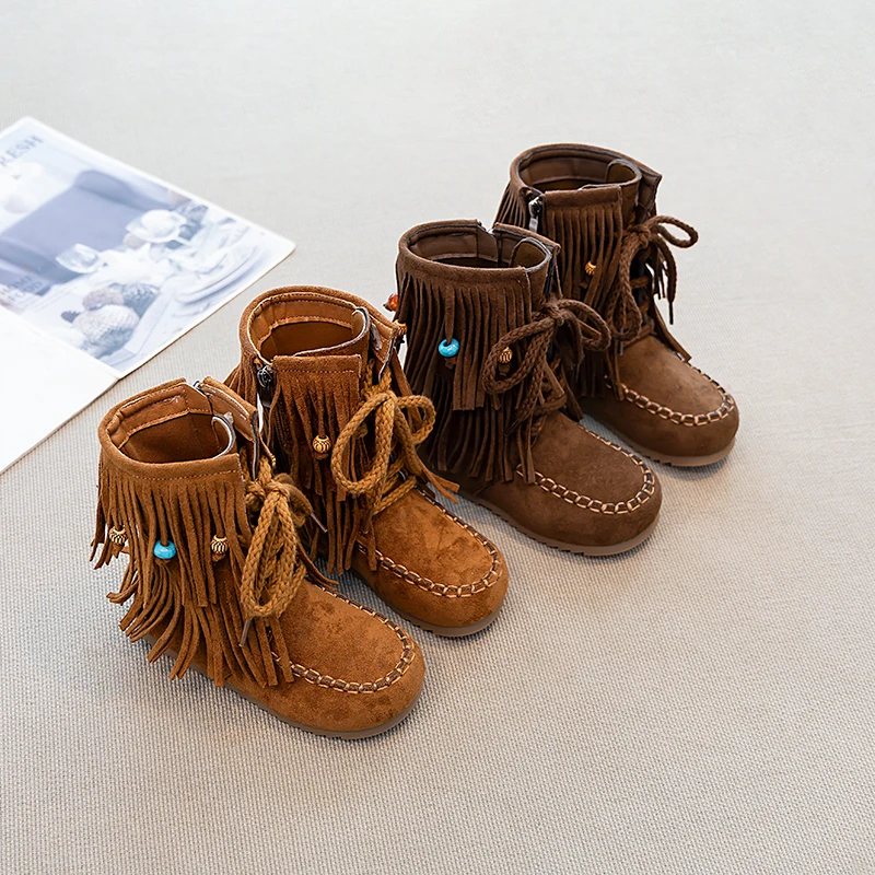 Suede Leather Boots for Girls with Beaded Fringes