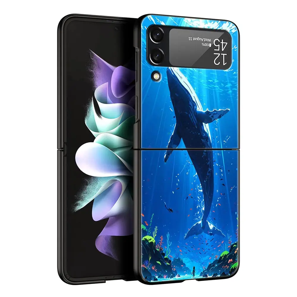 Ocean Whale Shark Swimming Design Black Hard Folding Phone Case