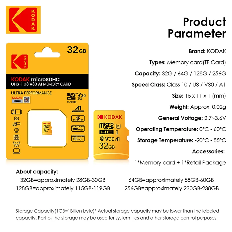  KODAK Microsd UHS-I C10 EVO Plus 128GB ޸ ī 256GB U3 4K ũ SD ī 64GB 32GB SDHC ÷ TF Ʈ