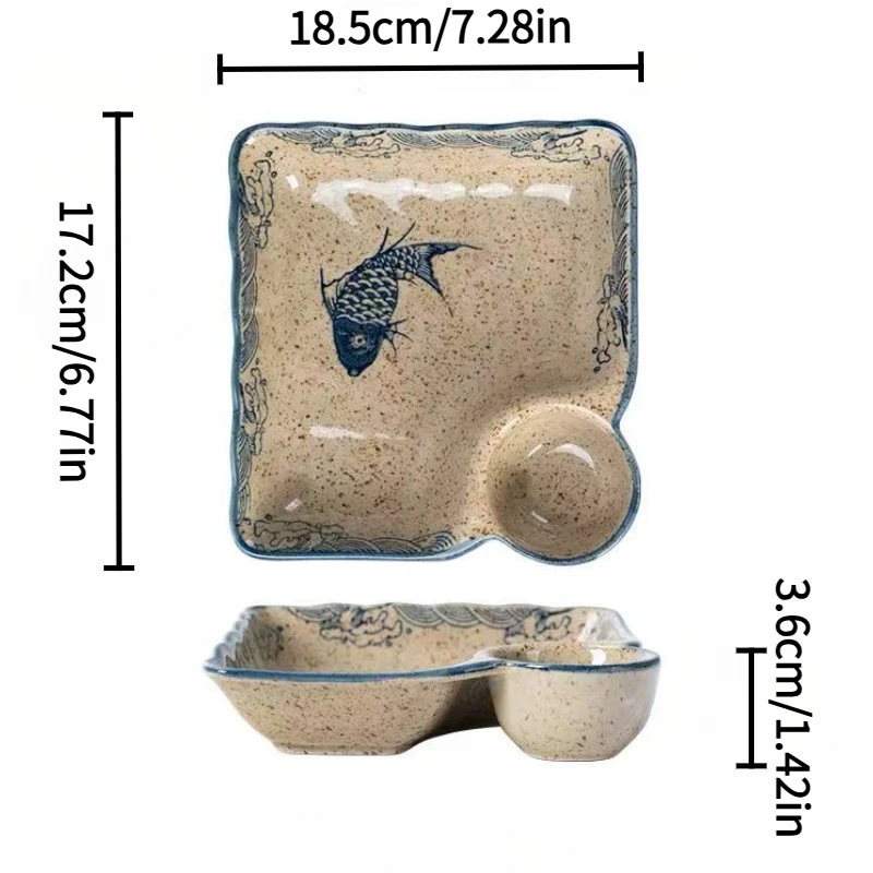 2개의 직사각형 세라믹 디너 접시 - 소스 접시가 내장된 분리형 접시와 감자튀김 접시, 만두에 적합