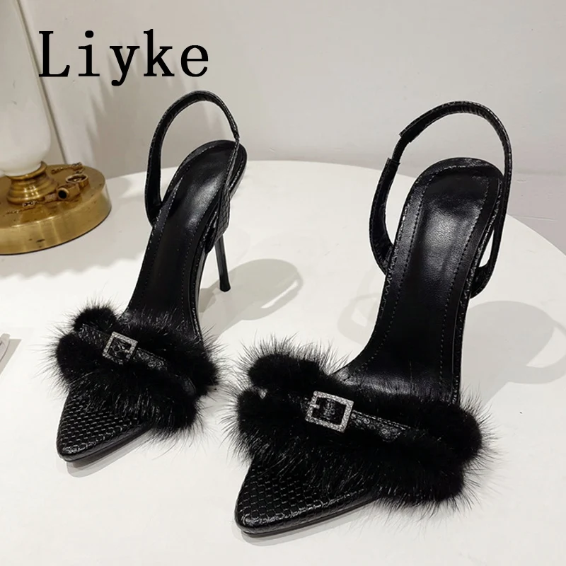 AZALEA WANG BUNNY FUR STILETTO SANDAL IN BLACK