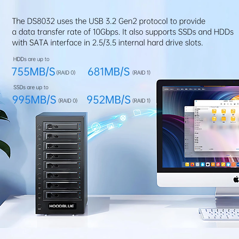 HOODBLUE DS8032 10Gbps 8베이 HDD 도킹 스테이션 2.5인치/3.5인치 HDD/SSD 하드 드라이브 인클로저 SATA-USB 3.2 디스크 어레이 외장 케이스