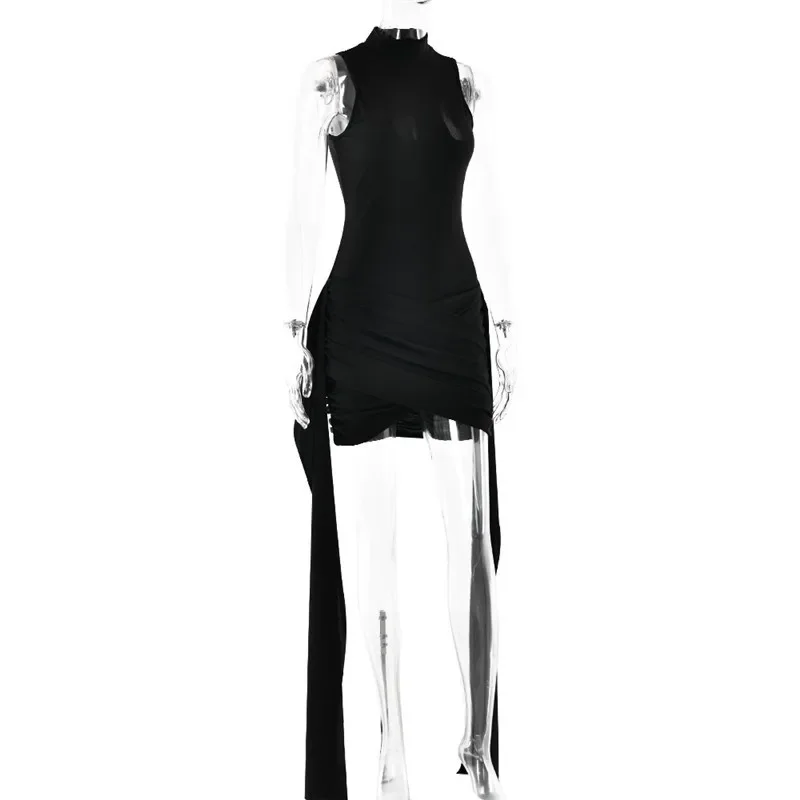 Sexy Sleeveless Patchwork Mini Dress Female Solid Skinny Pleated Fashion High Waist Casual Dress For Women Party Dress New