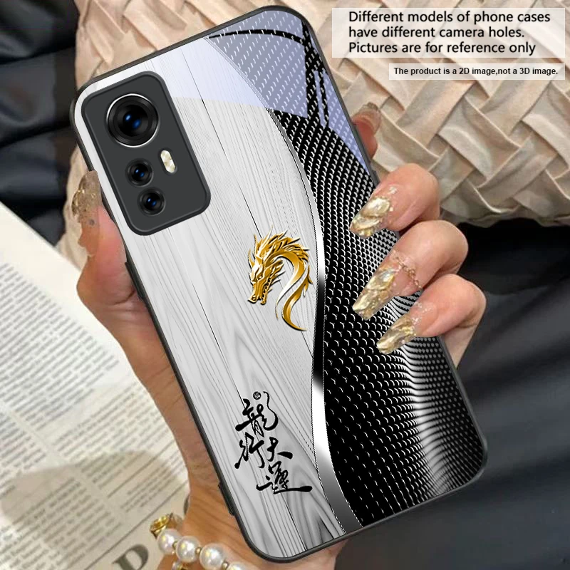 Elegant Black Tempered Glass Phone Case with Traditional Dragon Totem Design