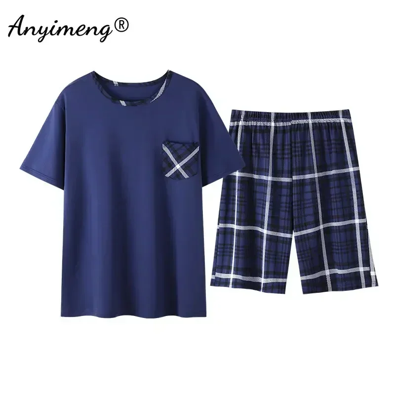 Pajama Sets L-4XL Mens Cotton Sleepwear Summer Shorts Short Sleeves Homewear for Man Casual Male Pajamas 2 Pieces Set