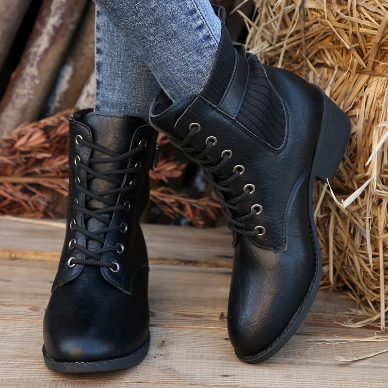 Ladies Shoes 2023 Hot Sale Lace Up Women's Boots Winter Pointed Toe Solid Short Barrel Chunky Heel Large Size Chelsea Boots
