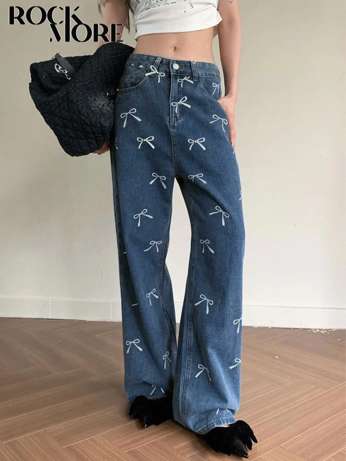 

Rockmore Y2K Bow Print Basic Fit Jeans for Woman Streetwear Aesthetic Jean Pants Vintage Washed Denim Trouser Grunge Fairycore