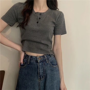 앞 어깨 짧은 소매 티셔츠 여성 여름 틈새 디자인 고급 질감 세련된 독특한 카키색 허리 셔츠 짧은 탑 인