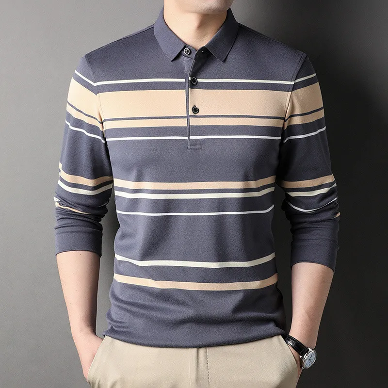

2022new Fashion Cotton Men Polo Shirt Long Sleeve Autumn and Spring Striped Polo Shirt for Man Korean Style Clothing Tops