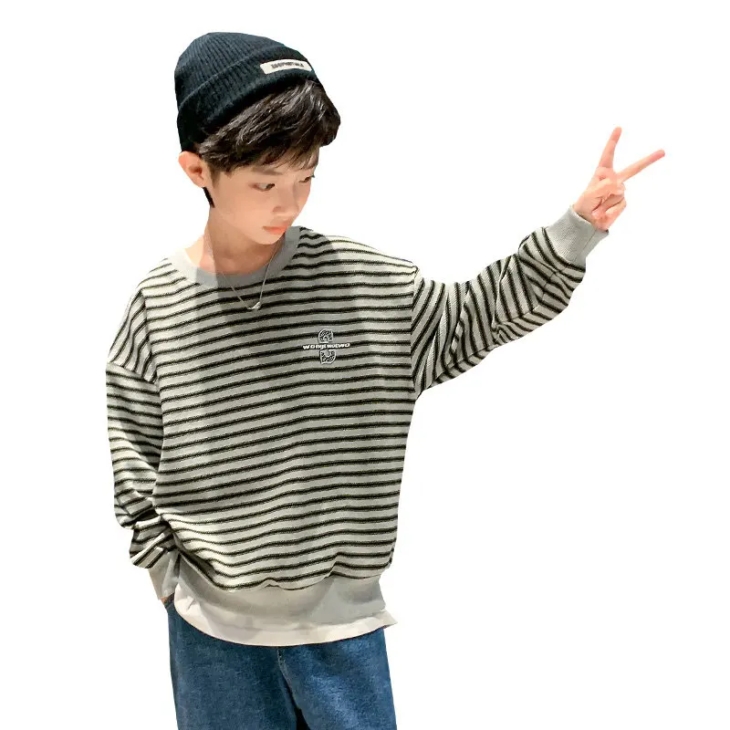 

2023 Children Casual Sweatshirts Striped Print Long Sleeve Pullover Clothes Spring Autumn Teenager Boys Tops 5 7 9 11 13 14Years