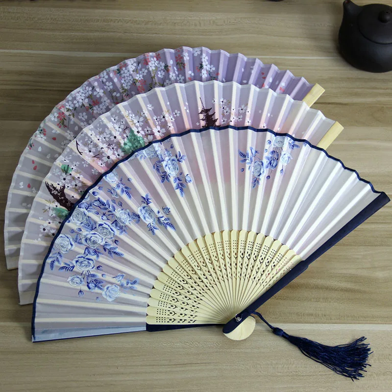 Chinese Engraved Folding Hand Fan Wooden Shank Classical Dance Tassel Fan Wedding Birthday Party Favor Decor Gifts For Guest folding fan wooden hand fan