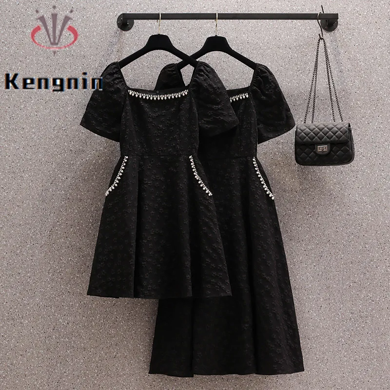 

Plus Size 4XL Women's Dresses for 2023 Summer French Style Diamond Lady Vestidos Loose Black Dress Female Clothes Robe KE3536