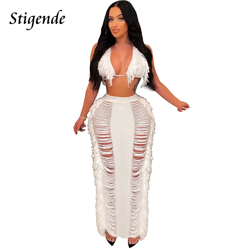 

Stigende Tassel Beach Cover Up Two Piece Set Women Summer Crochet Knitted Swimwear Bandage Lace Up Furry Bra and Cut Out Skirt