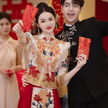 Bride Wedding Dress Chinese Style Xiuhe Women Qipao Luxury Champagne Tassel Cheongsam Toasting Attire Costume Banquet Gown