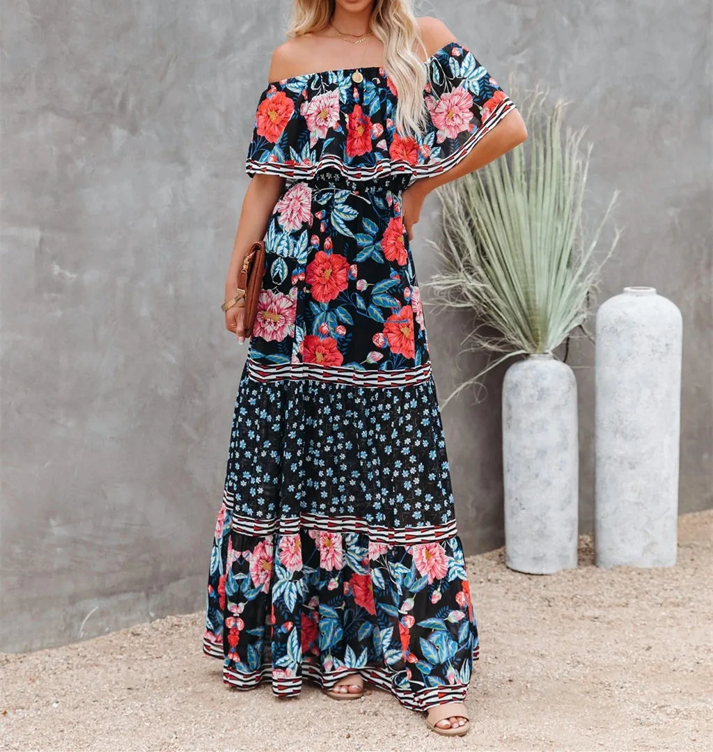 Flower Print Off Shoulder Long Dresses For Women Spring Summer New Fashion Temperament High Waist Leace-up Dress Female Vestidos 40 undefined
