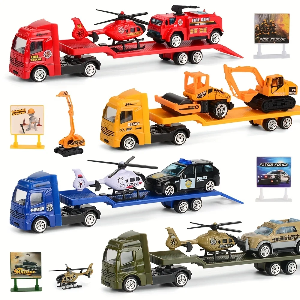 Friction Powered Play Vehicles Set: Construction, Police Car, and Fire Engine Toy Set