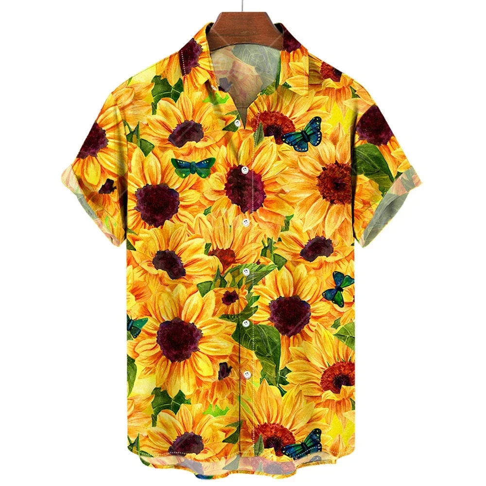 

Рубашка мужская с коротким рукавом, гавайская кофта с принтом подсолнуха, с лацканами, свободная одежда, топ оверсайз, лето