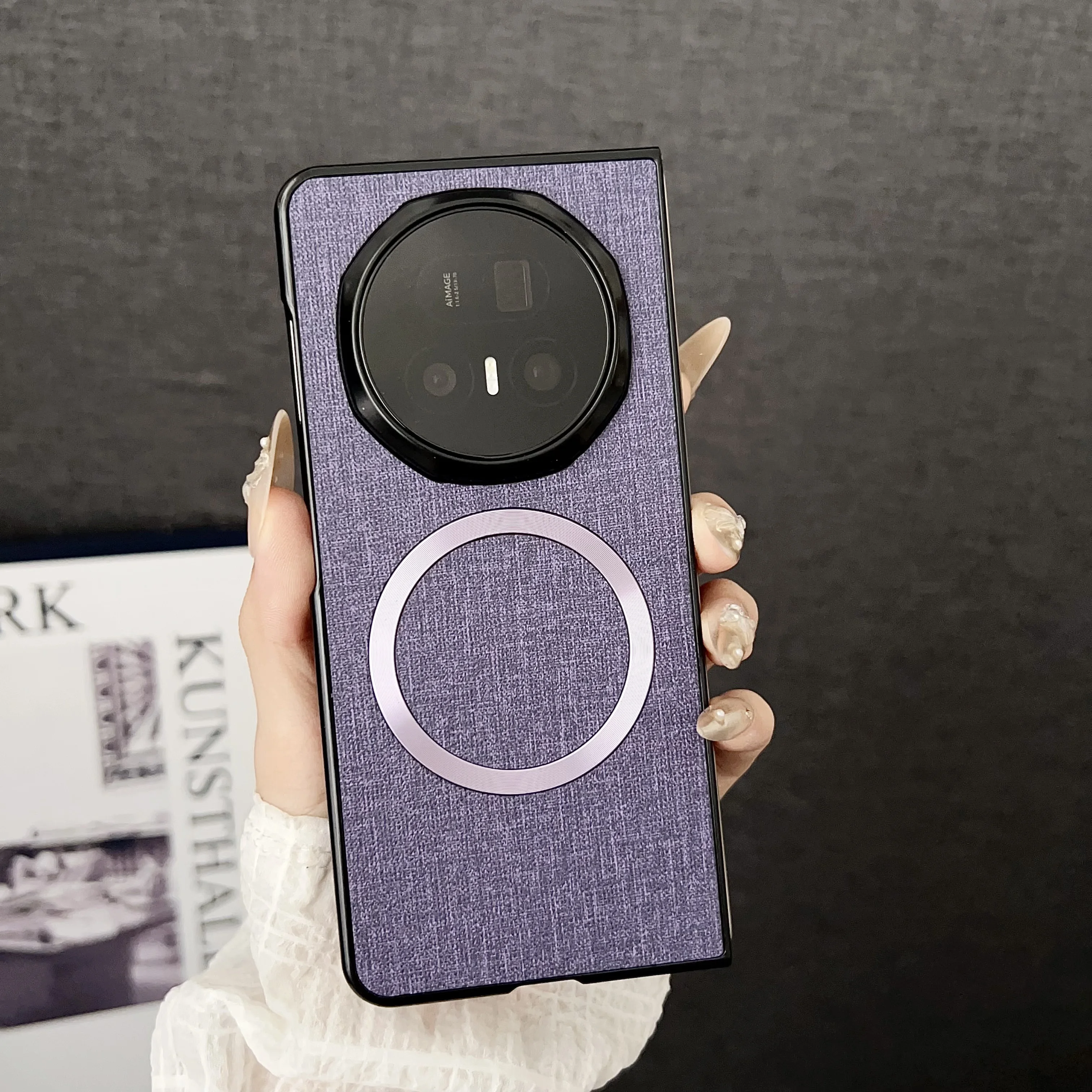 Luxury PU Cloth Magnetic Wireless Charging Protective Back Cover Case for Huawei Honor Magic V5