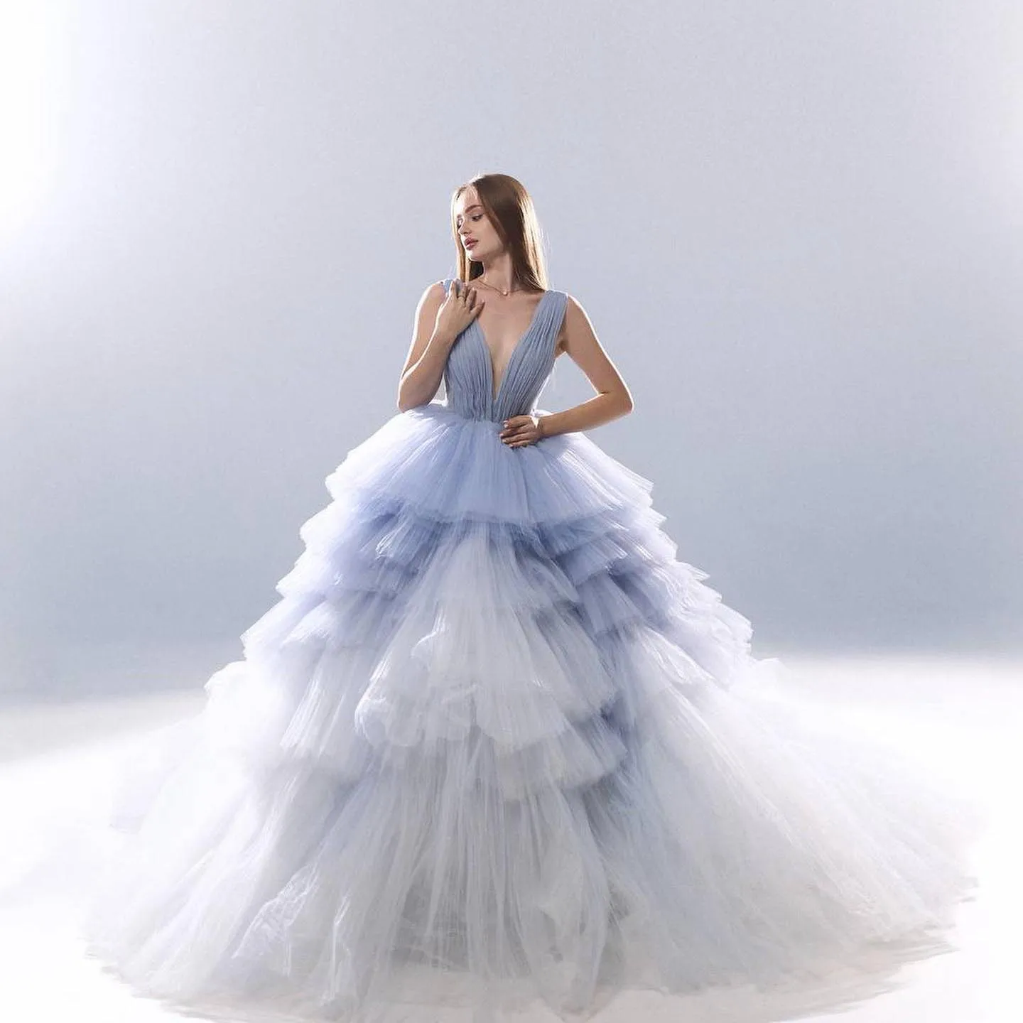 Gorgeous Ruffled Tulle Prom Dresses Double Deep V-Neck Sleeveless Layered  Puffy Tulle Fairy Graduation Evening Gowns Custom Made - AliExpress  200000345
