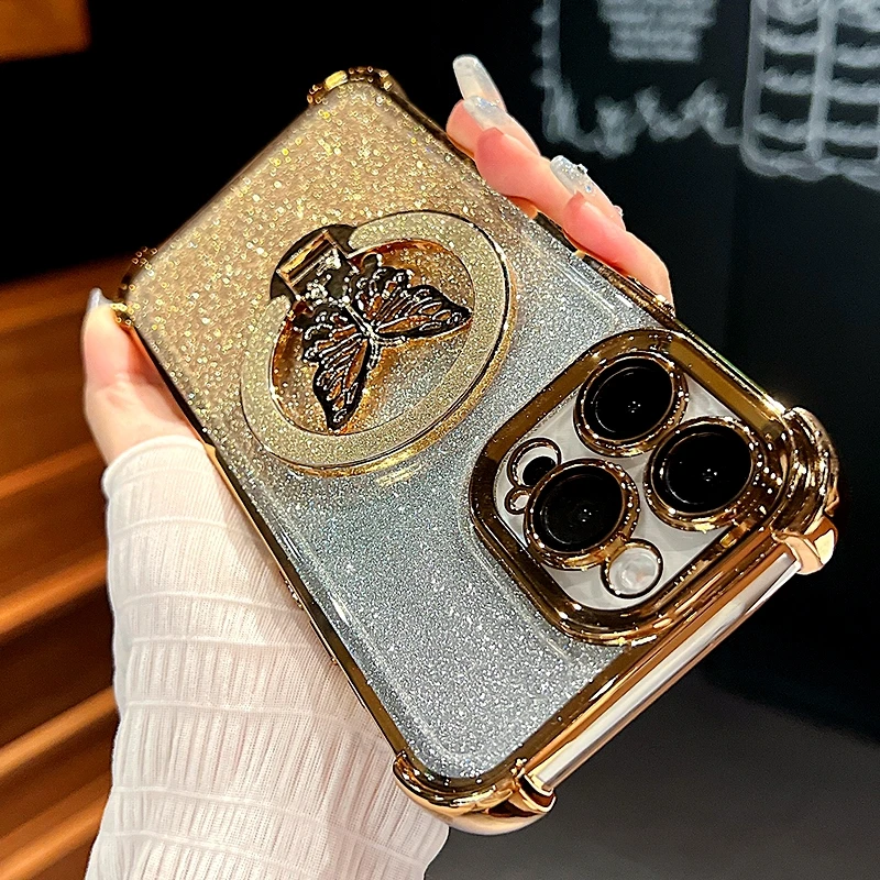 Glitter Butterfly Holder Plating Silicone Shockproof Case Cover