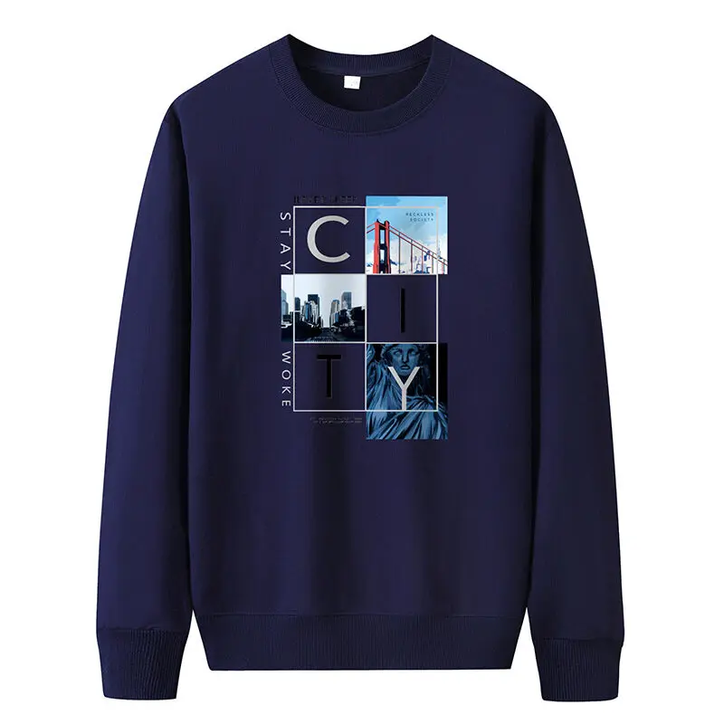Men's Spring Autumn Pullover Round Neck Solid Letter Printed Lantern Long Sleeve T-shirt Hoodies Fashion Casual Loose Tops