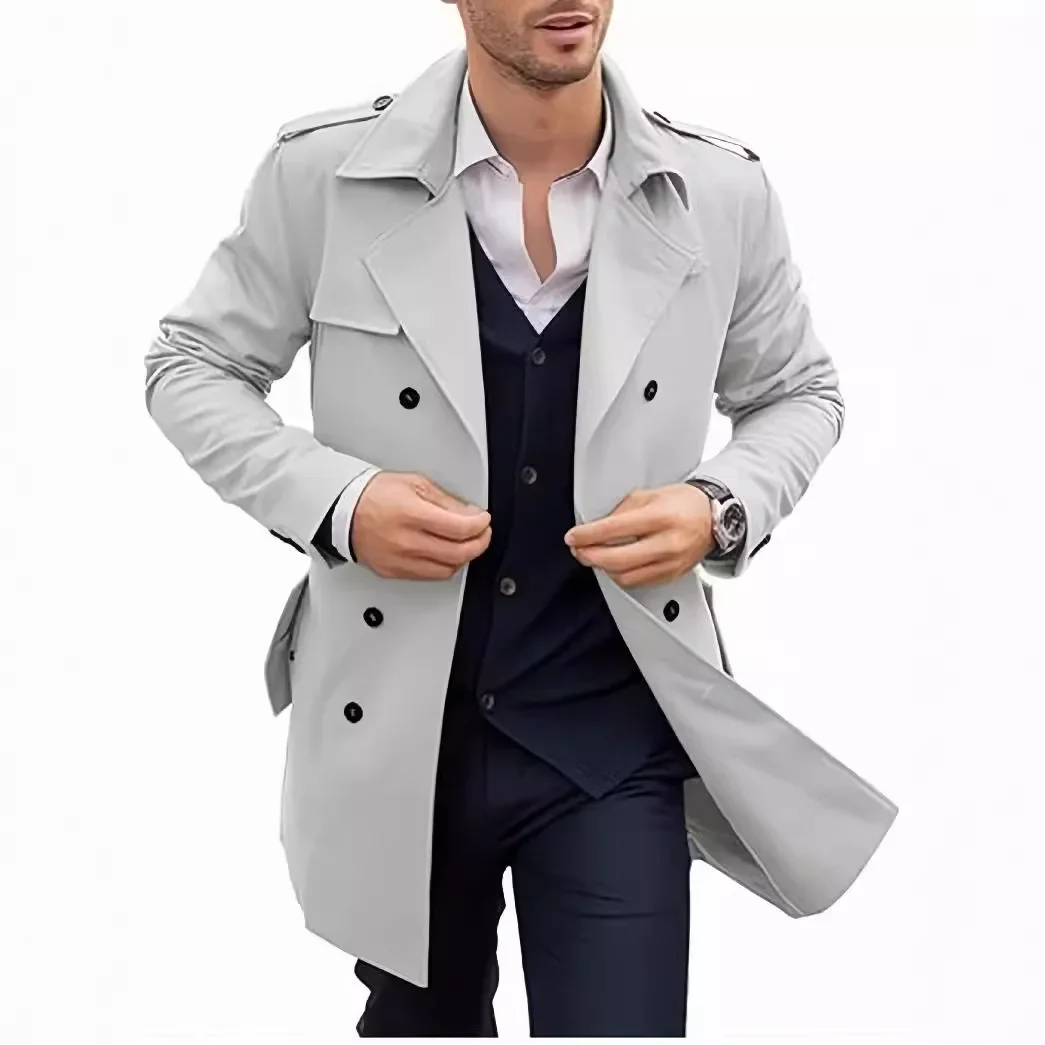 Men Autumn Winter Double-breasted Casual Trench Coat Long Sleeve Coats Jacket Trench