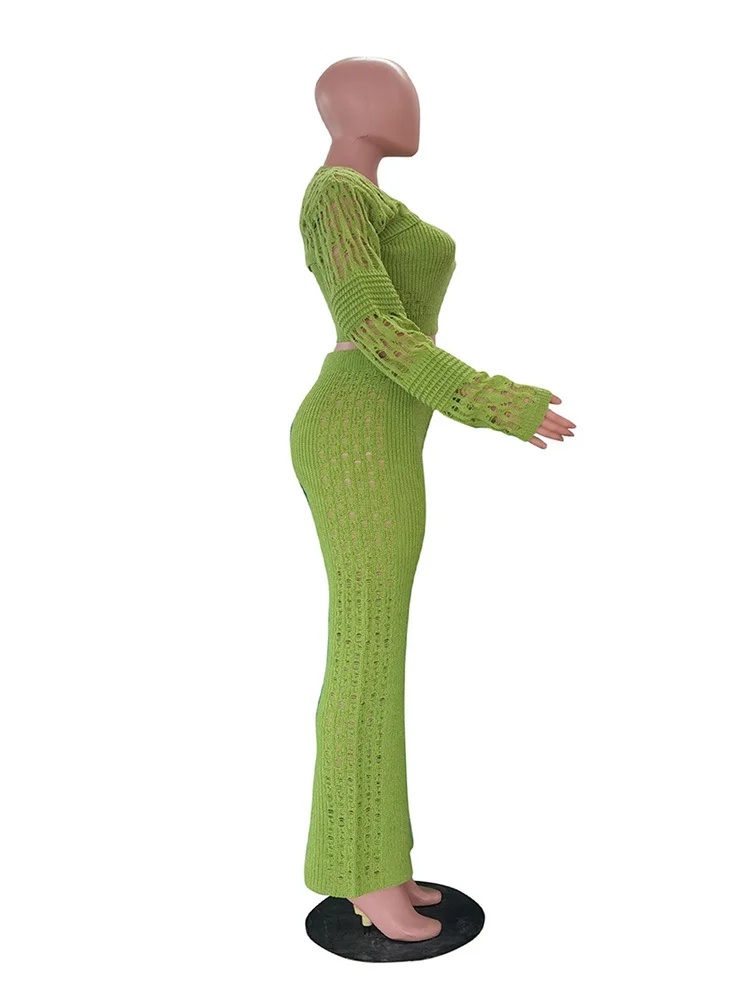 Wmstar 3 Piece Sets Wholesale Women's Casual Hollowed Out Knitted High Stretch Long Sleeve Bodycon New in Matching Sets 2025