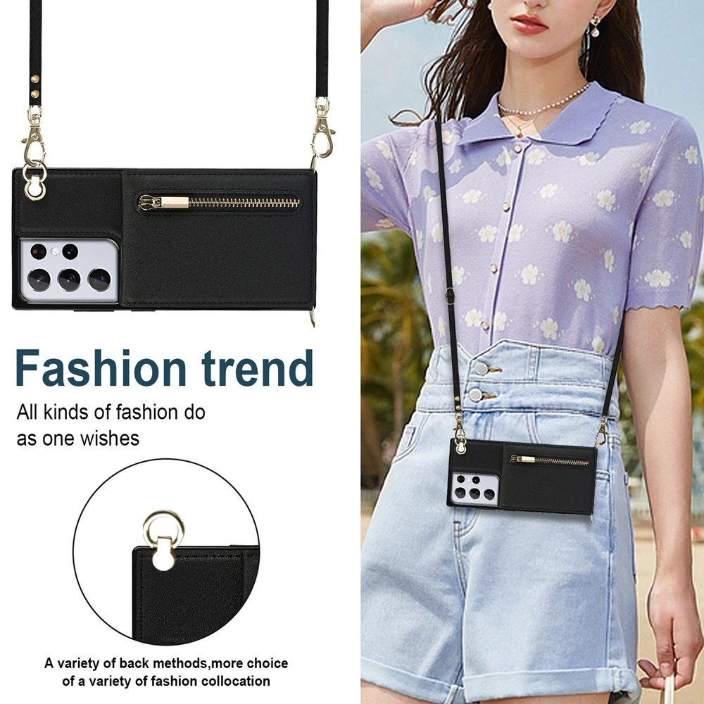 Leather Case For Samsung Galaxy Note 10 20 S23 S24 Ultra S22 Plus S21 FE S20 Cards Holder Wallet Stand Cover Single Shoulder Bag