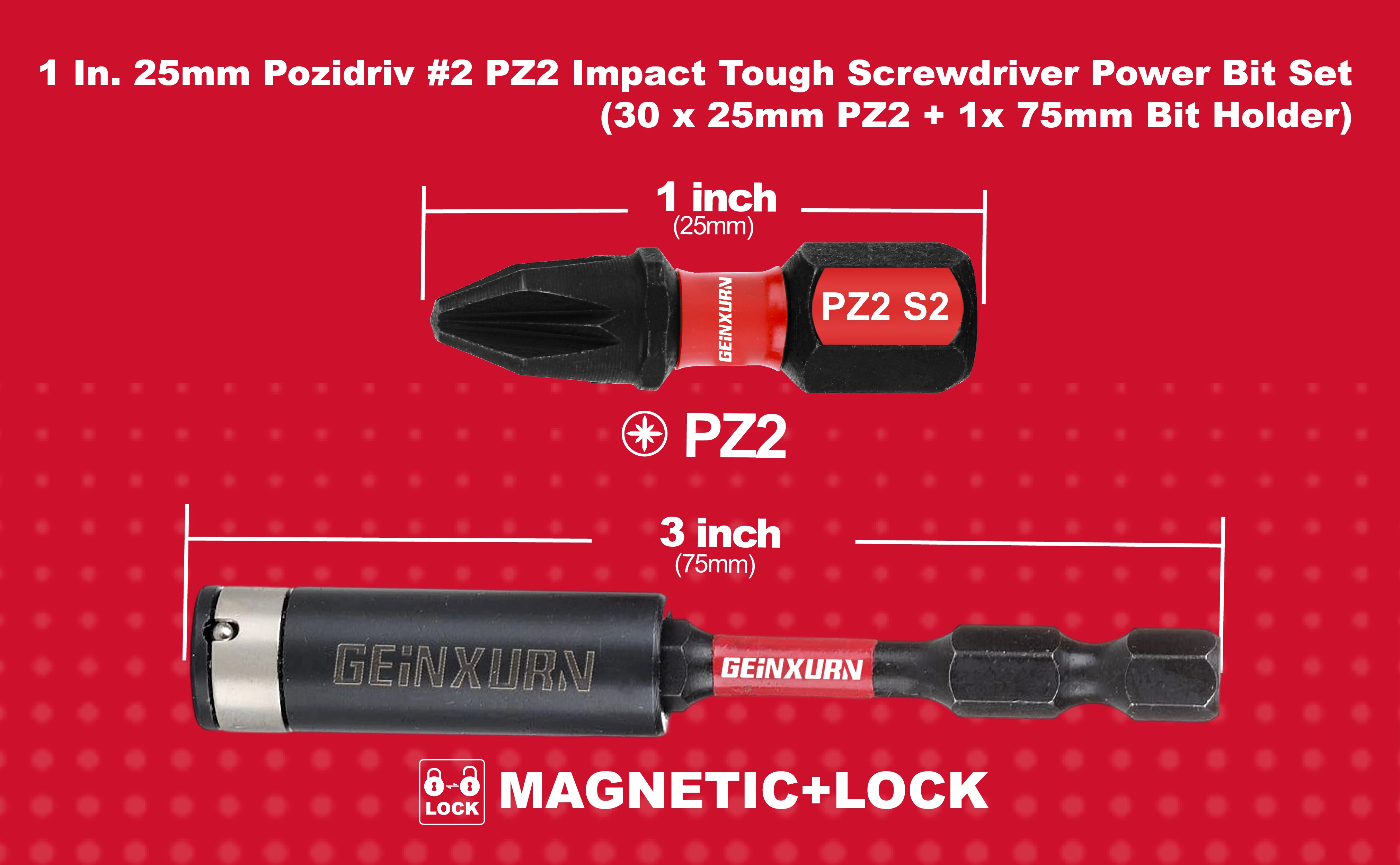 Geinxurn 1 Zoll Pozidriv # 2 PZ2 Impact Tough Screwdriver Power Bit Set, S2 Schraubendreher Bits Set aus legiertem Stahl – Detail 3