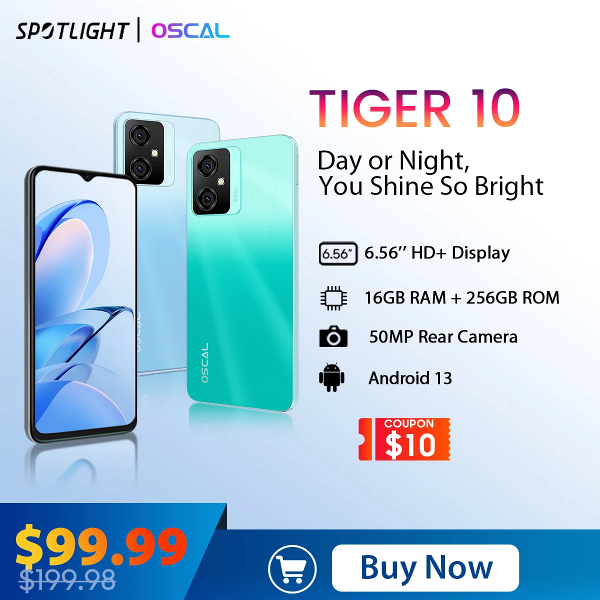  OSCAL TIGER 10 Smartphone 6.56'' HD+ Screen Android 13 Mobile Phone 16GB 256GB Octa-Core 50MP 5180mAh Cellphone 