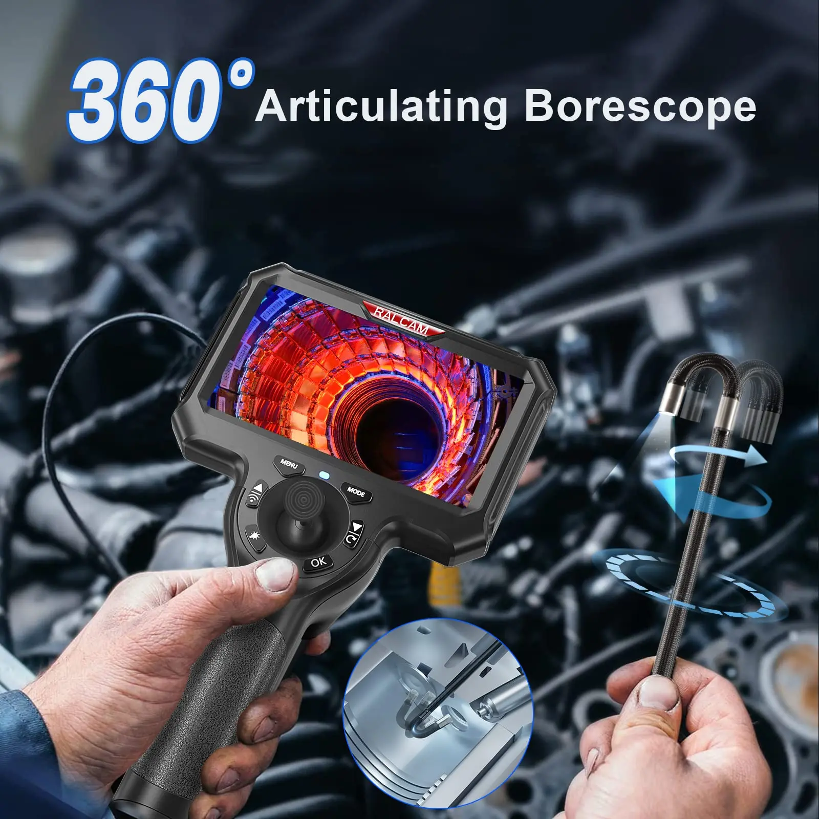 Ralcam 관절 산업용 등급 내시경 검사 카메라, 360 ° 조이스틱, 6mm, 4 웨이, 5 인치 IPS, 1MP, 6LED 조명
