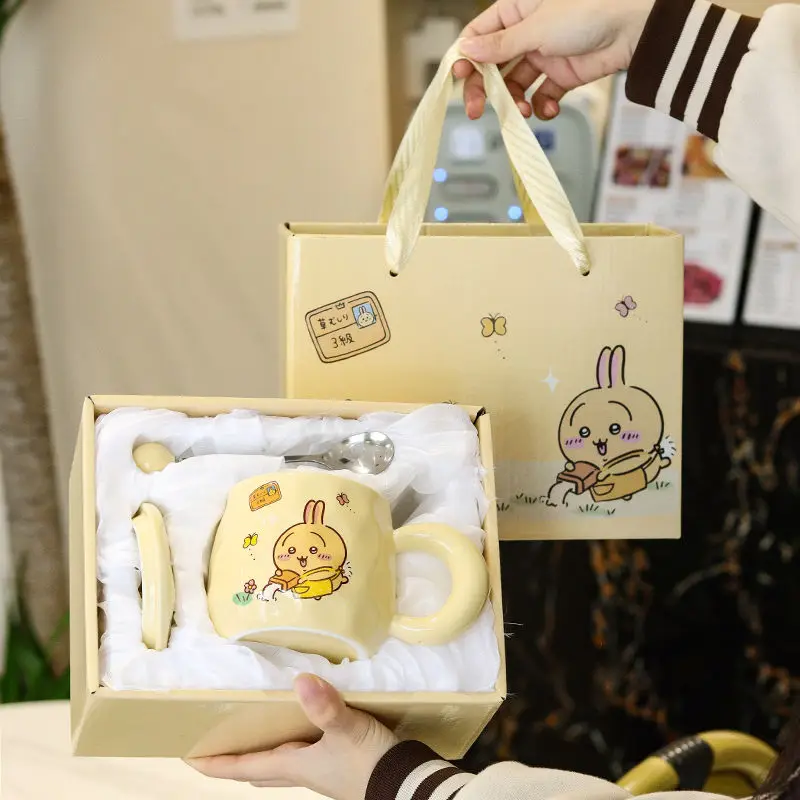 Cartoon Cute Chiikawa Usagi Ceramic Cup with Lid and Spoon