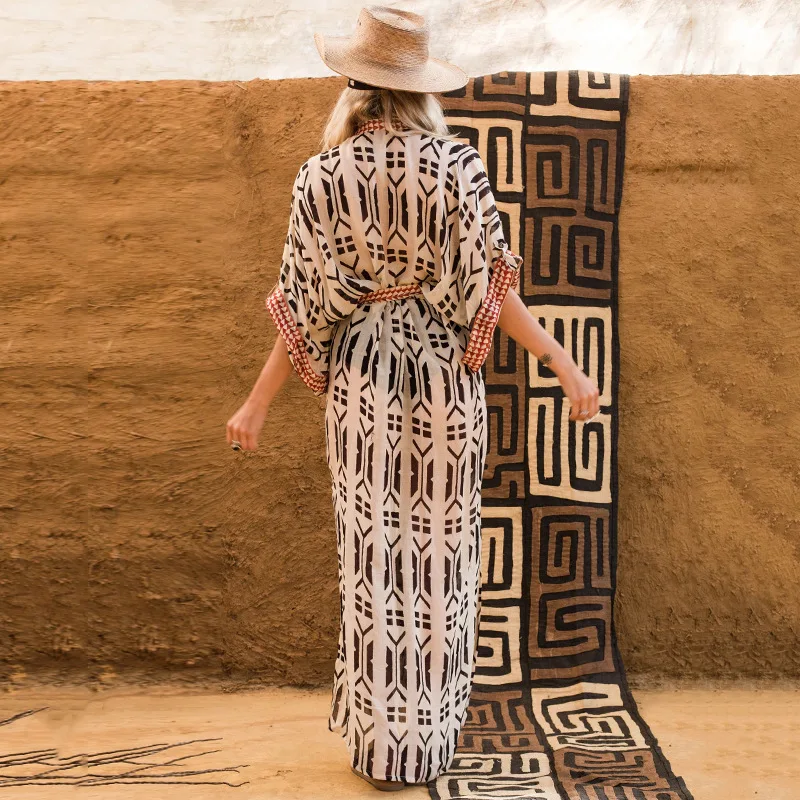 Beach Cover Ups for Swimwear Women Swimsuit Cape Geometric Printed Long Sleeve Self Belted Wrap Dresses Tunic Bathing Suit Sales