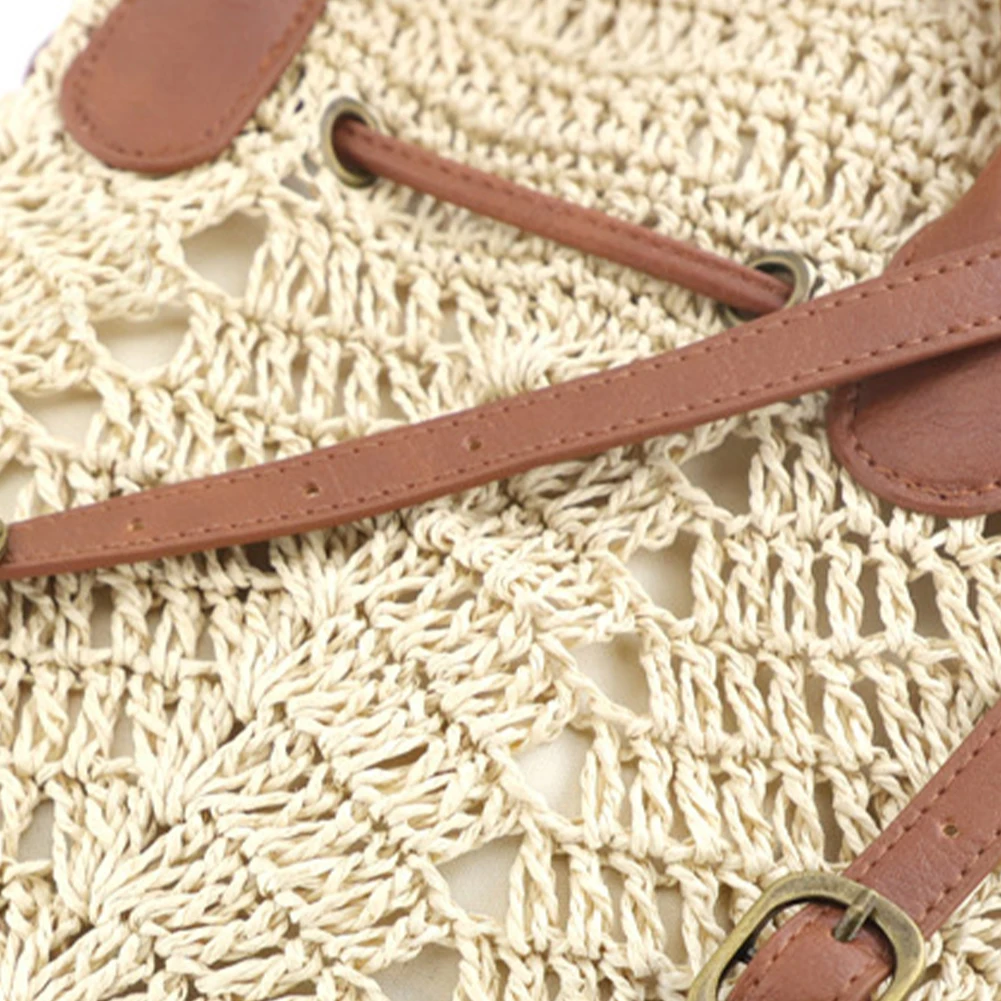 Woven Straw Beach Drawstring Backpack for Women Shoulders Bucket Bag Flap Drawstring Shoulders Bag for Summer Beach Holiday