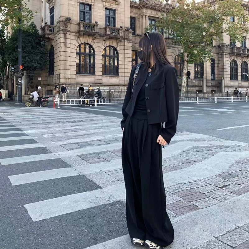 

Women's Autumn and Winter New Chinese Short Suit Coat Wide Leg Pants Set Vintage Casual Standing Collar Suit Pants Two Piece Set