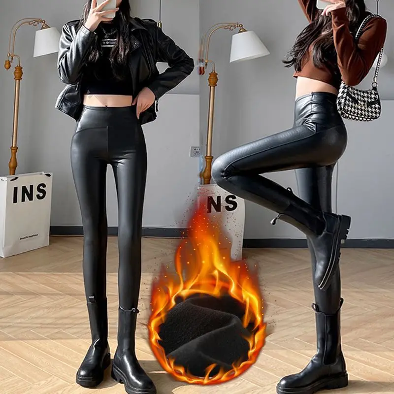 

New Autumn Winter PU Leather Pants Tights Velvet Pencil Pants Women's High Waist Stretch Slim Sexy Leggings Windproof Pants