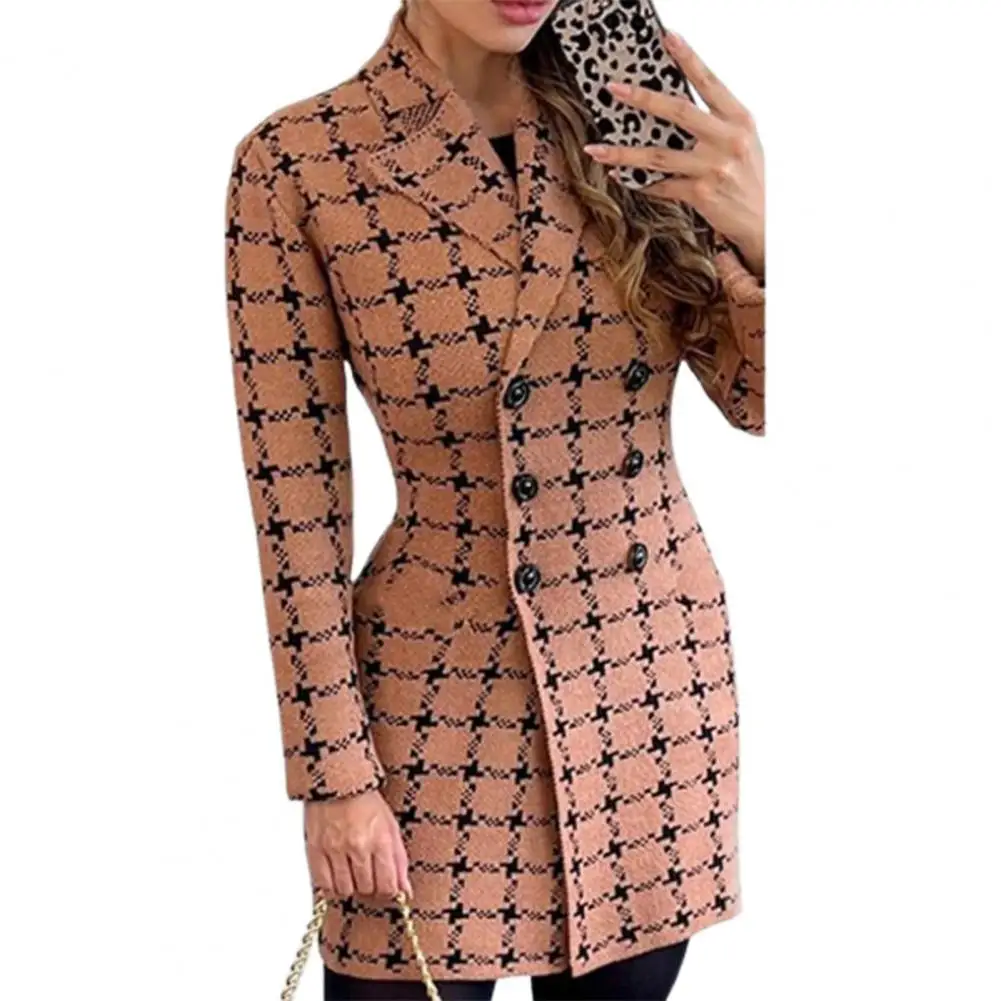 

Plaid Suit Coat Plaid Print Double-breasted Women's Suit Coat for Fall Winter Slim Fit Business Style Commute Jacket with Long