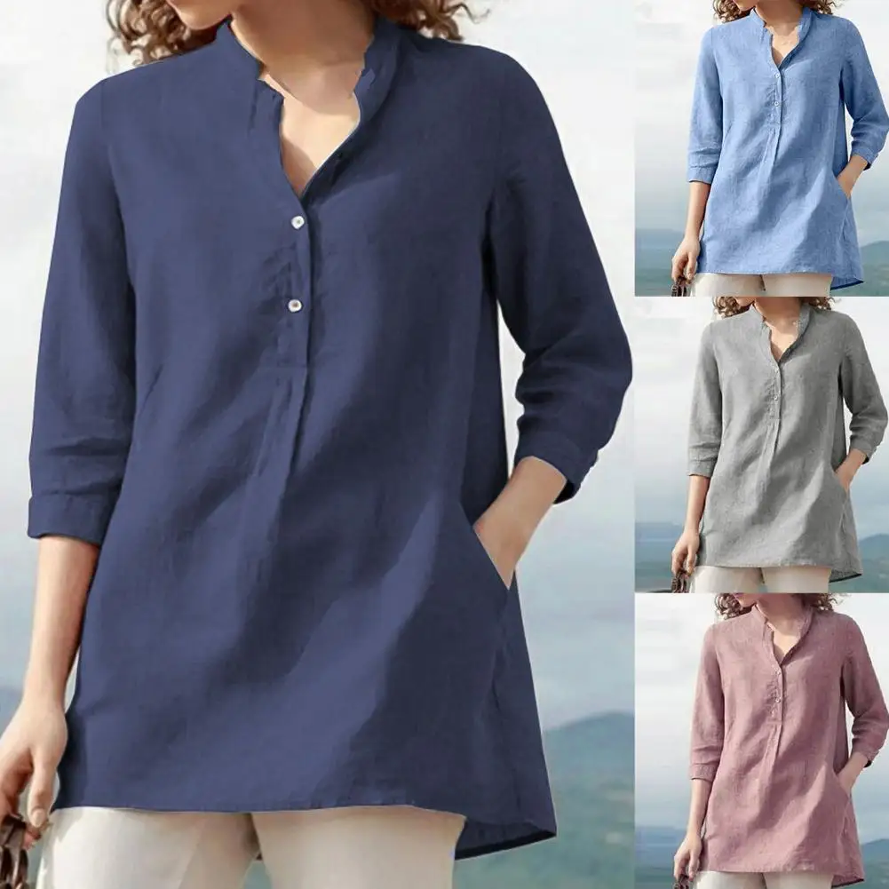 

Women Shirt Solid Color Stand Collar Spring Summer Basic Shirt Top Temperament Blouse Long Blouse Streetwear For Daily Wear