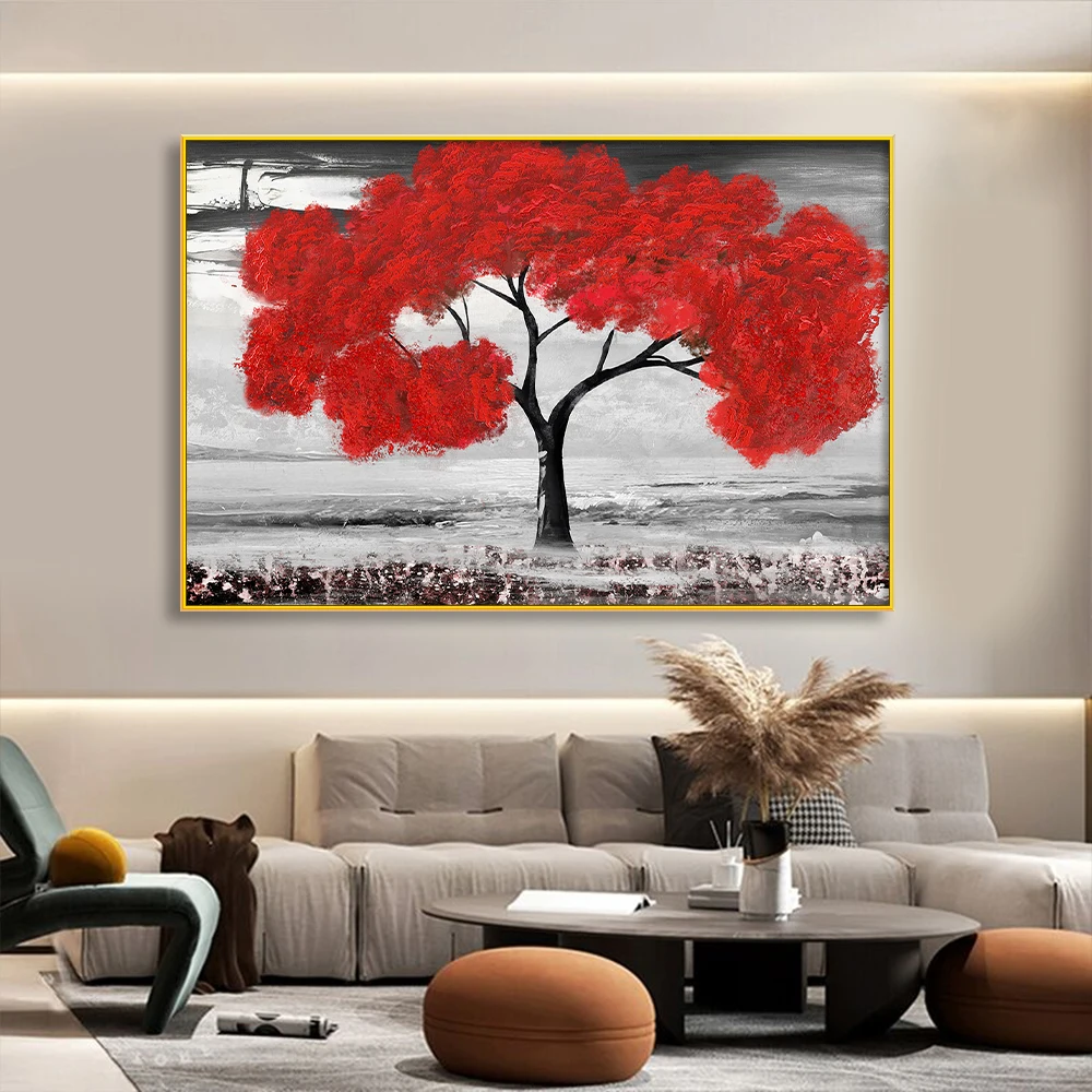 New Chinese Style Red Tree Poster Prints Oil Painting on Canvas