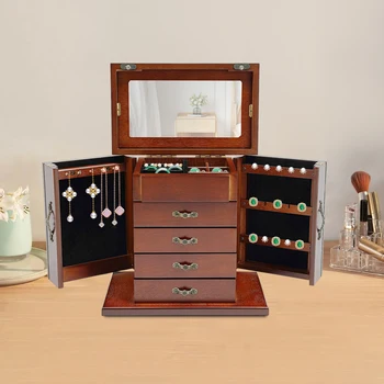 5 Tiers 4 Drawers Wooden Jewelry Box with Mirror Storage Box Large Soft Interior Gift Organizer for Necklace Earring 1